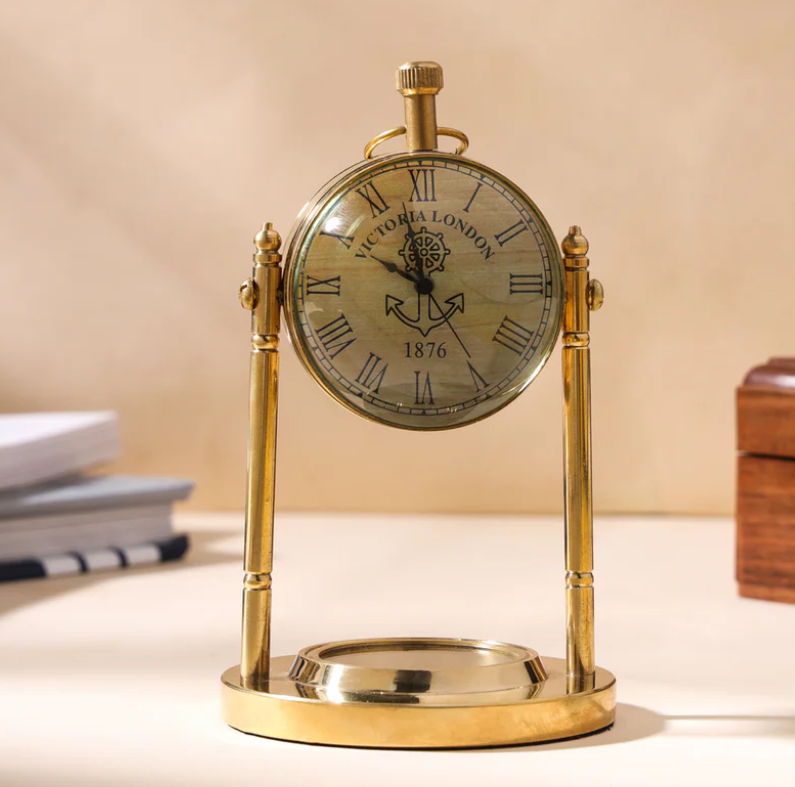 Brass table clock with compass