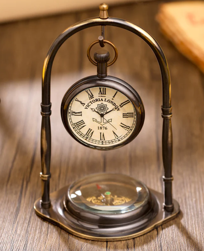 Vintage swing table clock with compass