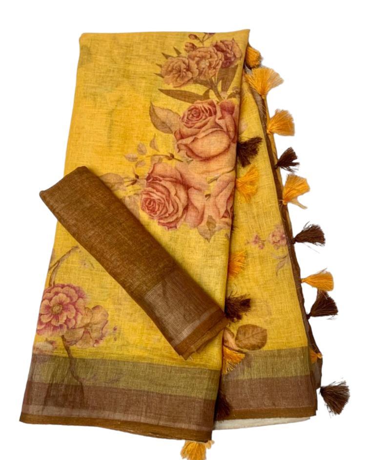 Floral Linen Saree with Contrast Blouse