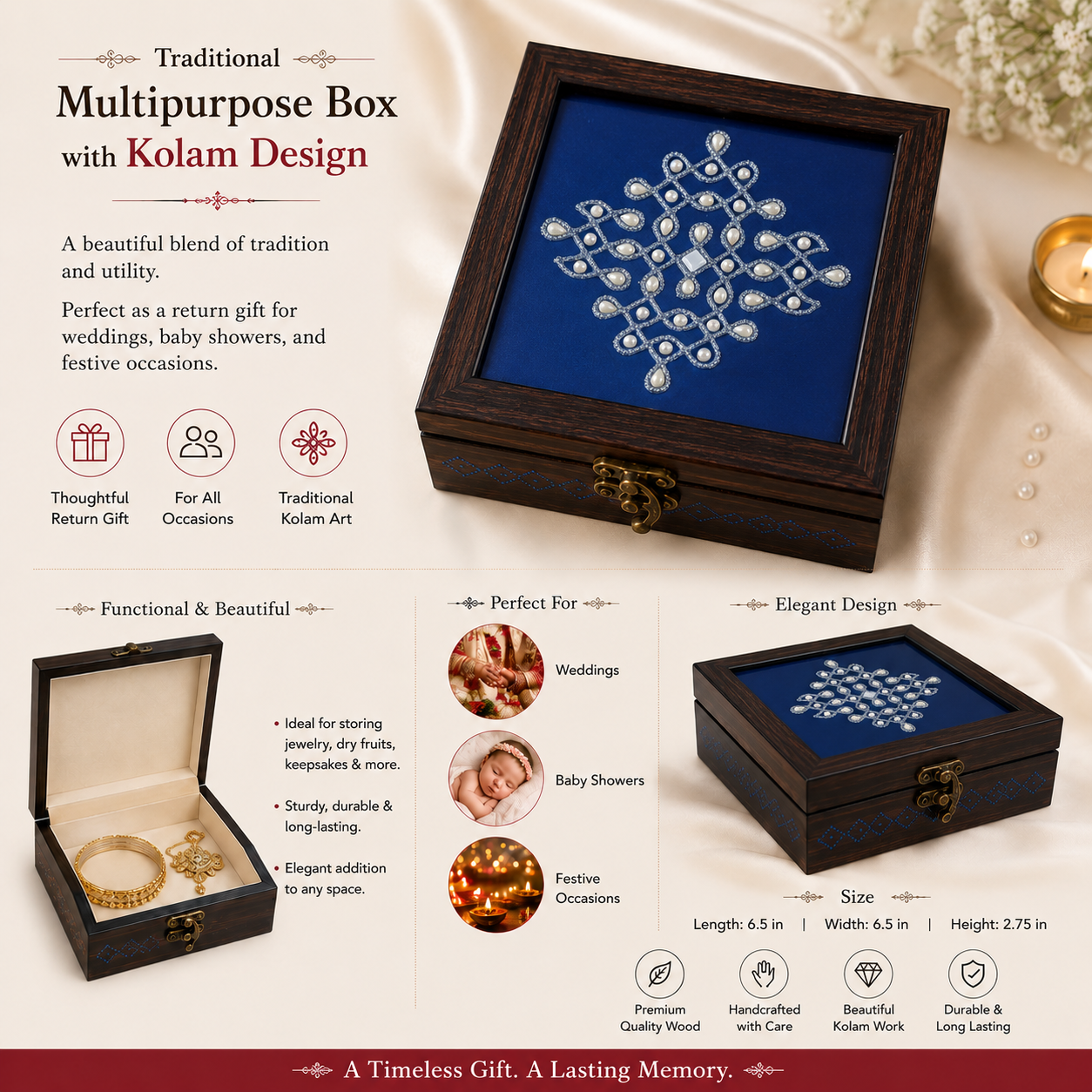 decorative pearl kolam wooden storage box