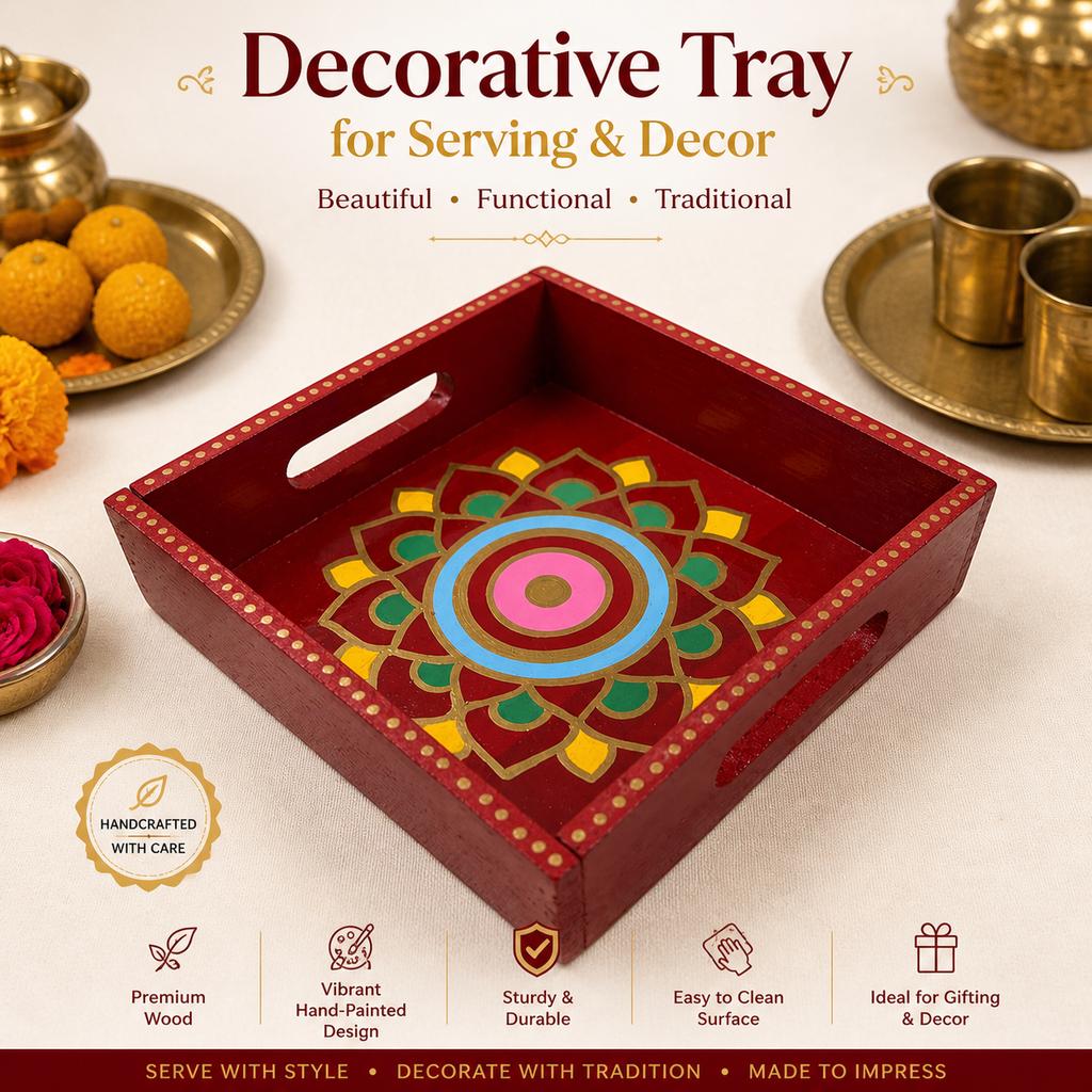 Handcrafted Wooden Decorative Red Tray (8x8 Inch)