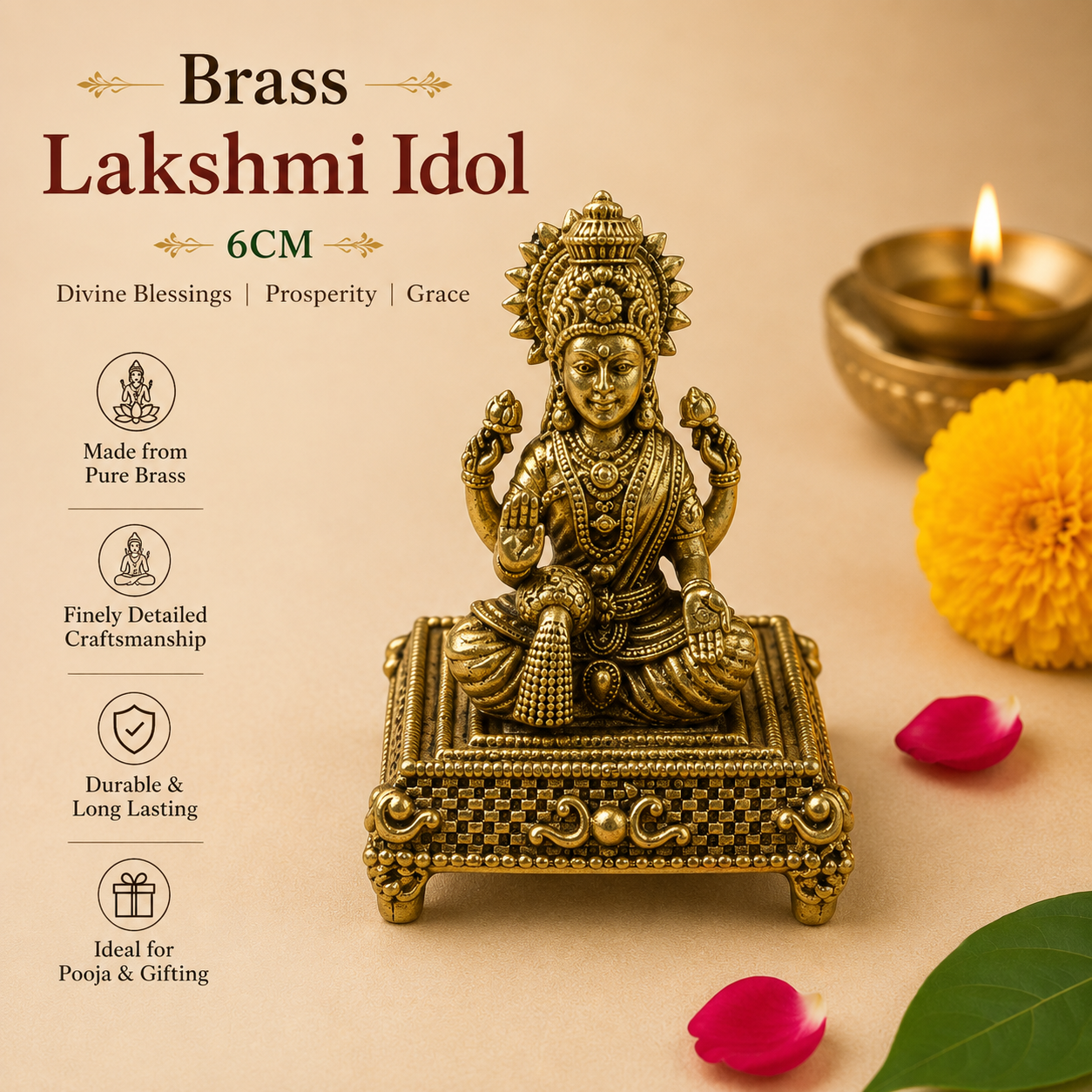 Pure brass Lakshmi idol 6 cm decorative Goddess statue for pooja home temple and gifting