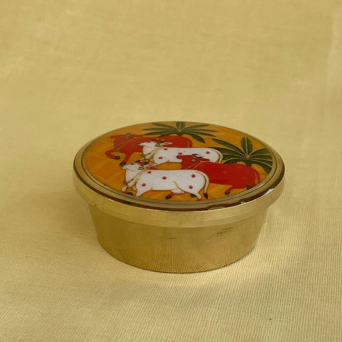 Pure Brass Pichwai Design Kumkum Barini – Traditional Haldi Kumkum Container for Return Gifts & Pooja