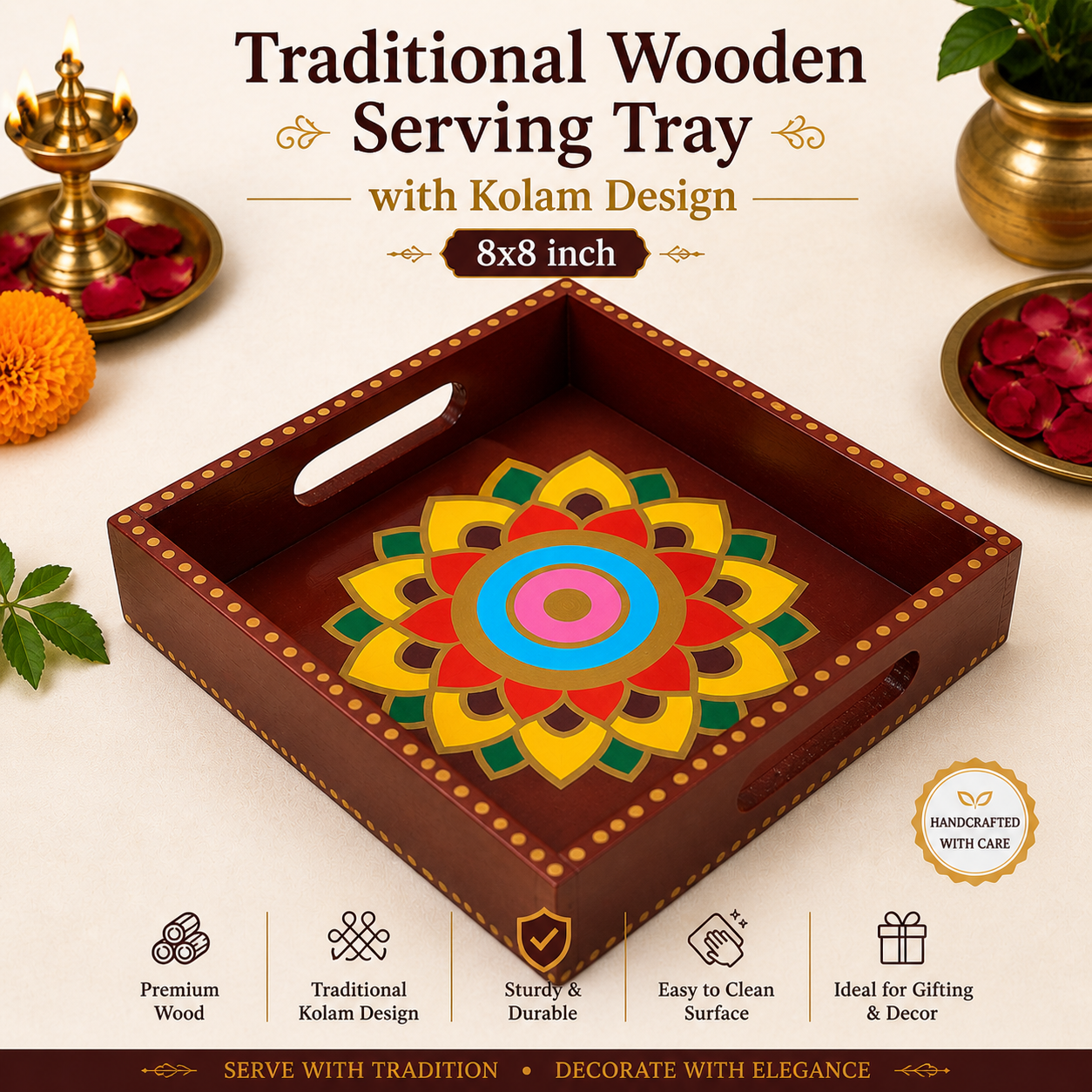 Handmade Decorative Wooden Tray (Brown, 8x8x2.5 Inch) – Serving & Decor