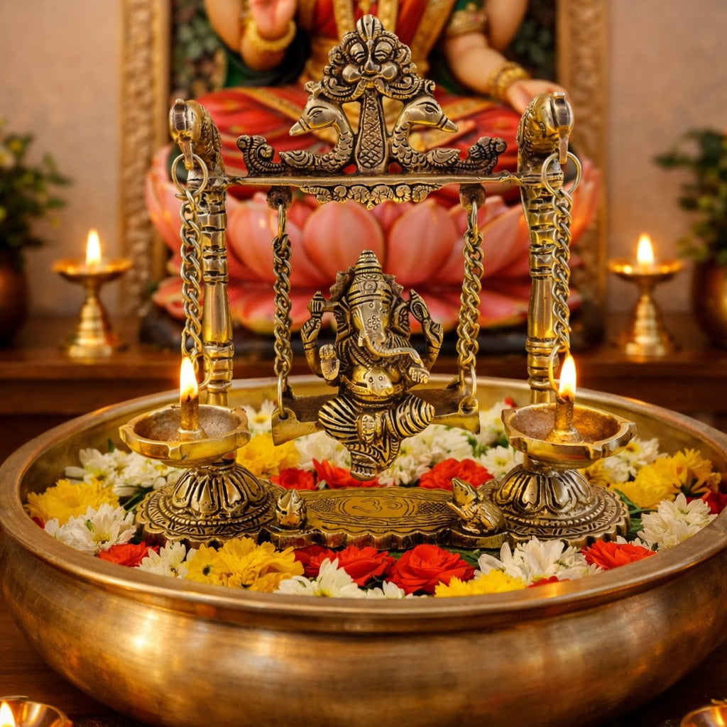Ganesh brass idol with diya stand for spiritual home decor and pooja room