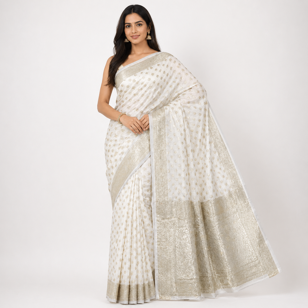 Cream Banarasi handloom saree zari buttas silk
