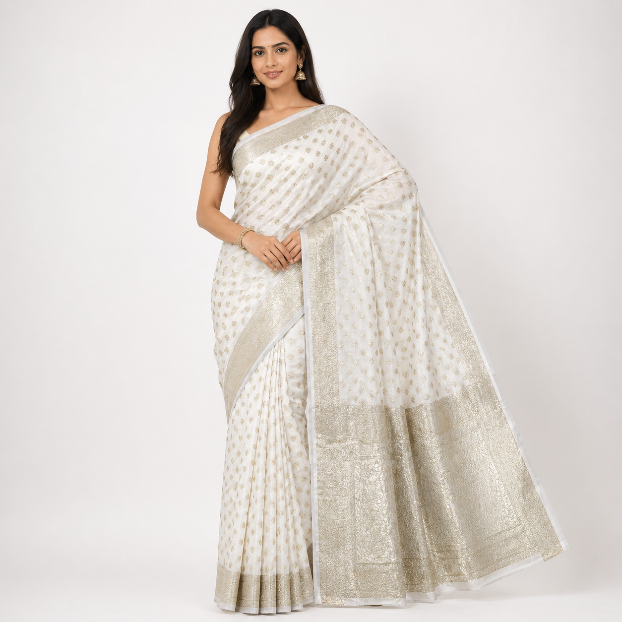 Cream Banarasi handloom saree zari buttas silk
