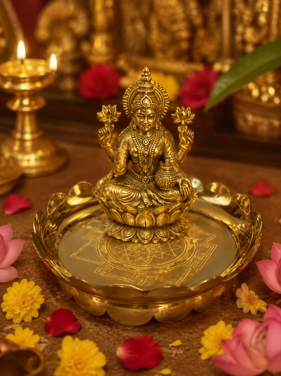 Brass Lotus Tray with Srichakram Engraving | Pooja & Divine Decor