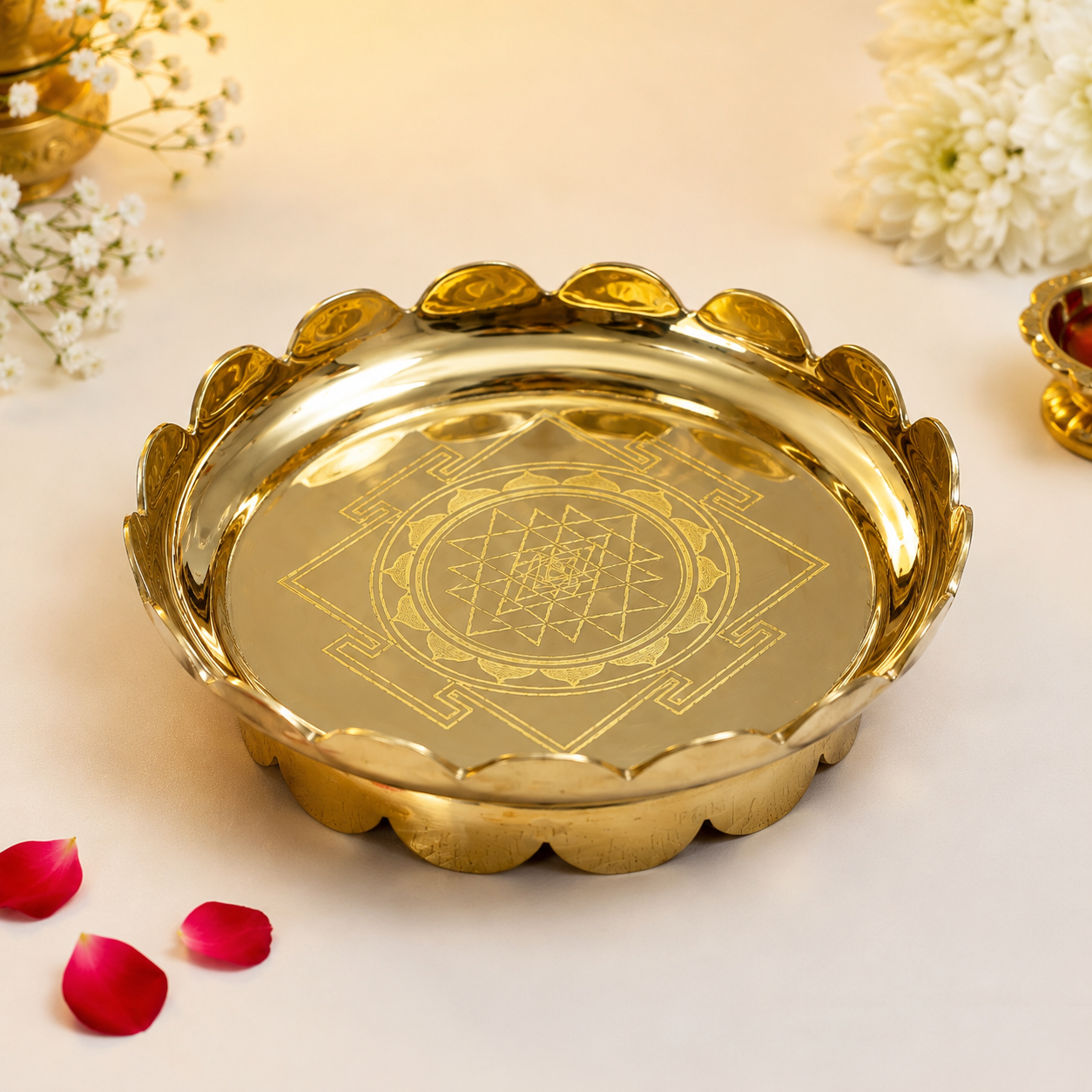 Brass Lotus Tray with Srichakram Engraving | Pooja & Divine Decor