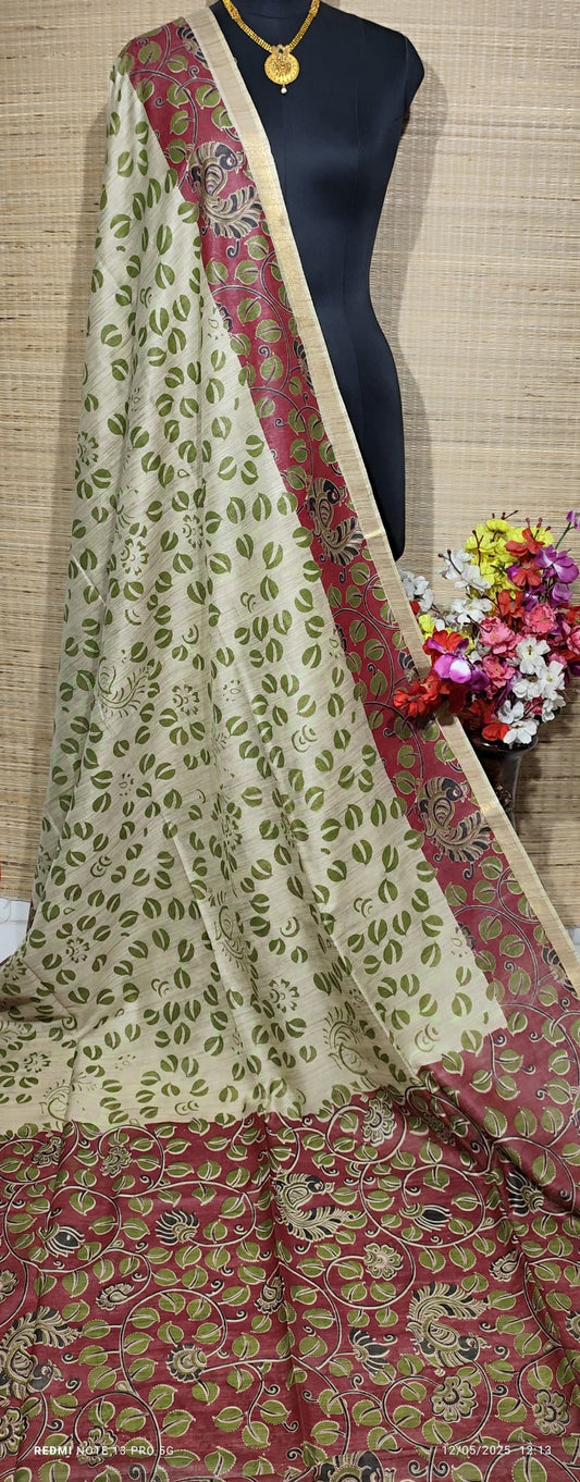 Banswara Handloom Tussar Silk Saree with Contrast Kalamkari Pallu