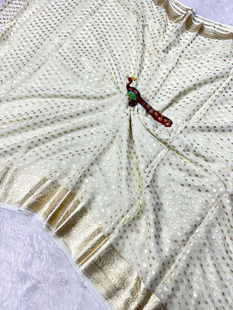 Pure Banarasi Handloom saree cream with Gold zari Weaving