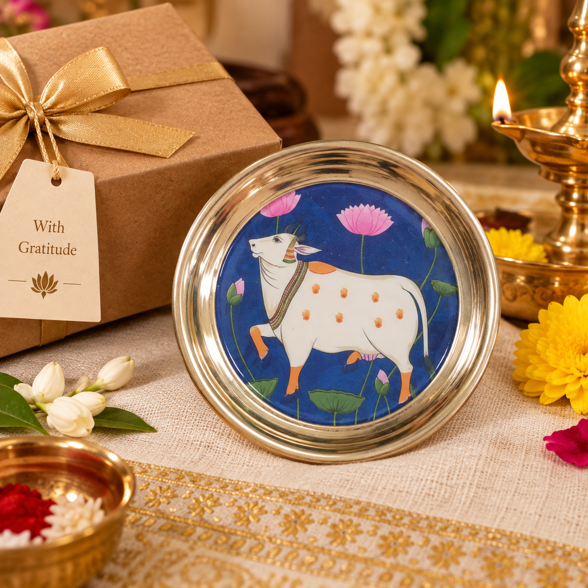 6 INCH BRASS PLATE WITH PICHWAI DESIGN Assorted Colors