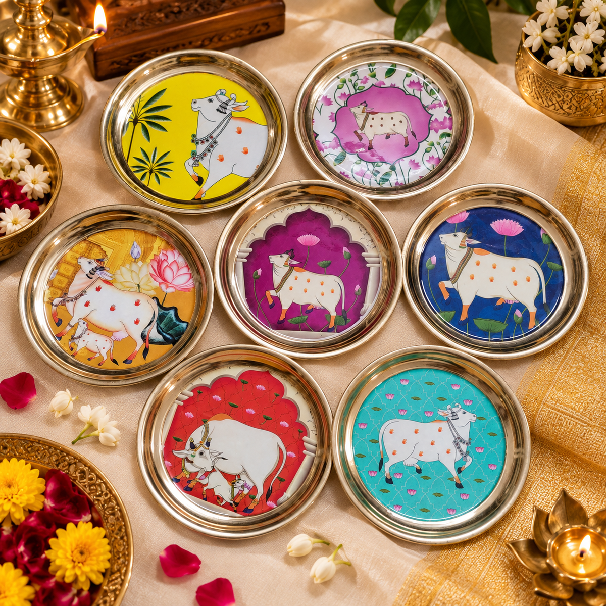 6 INCH BRASS PLATE WITH PICHWAI DESIGN Assorted Colors