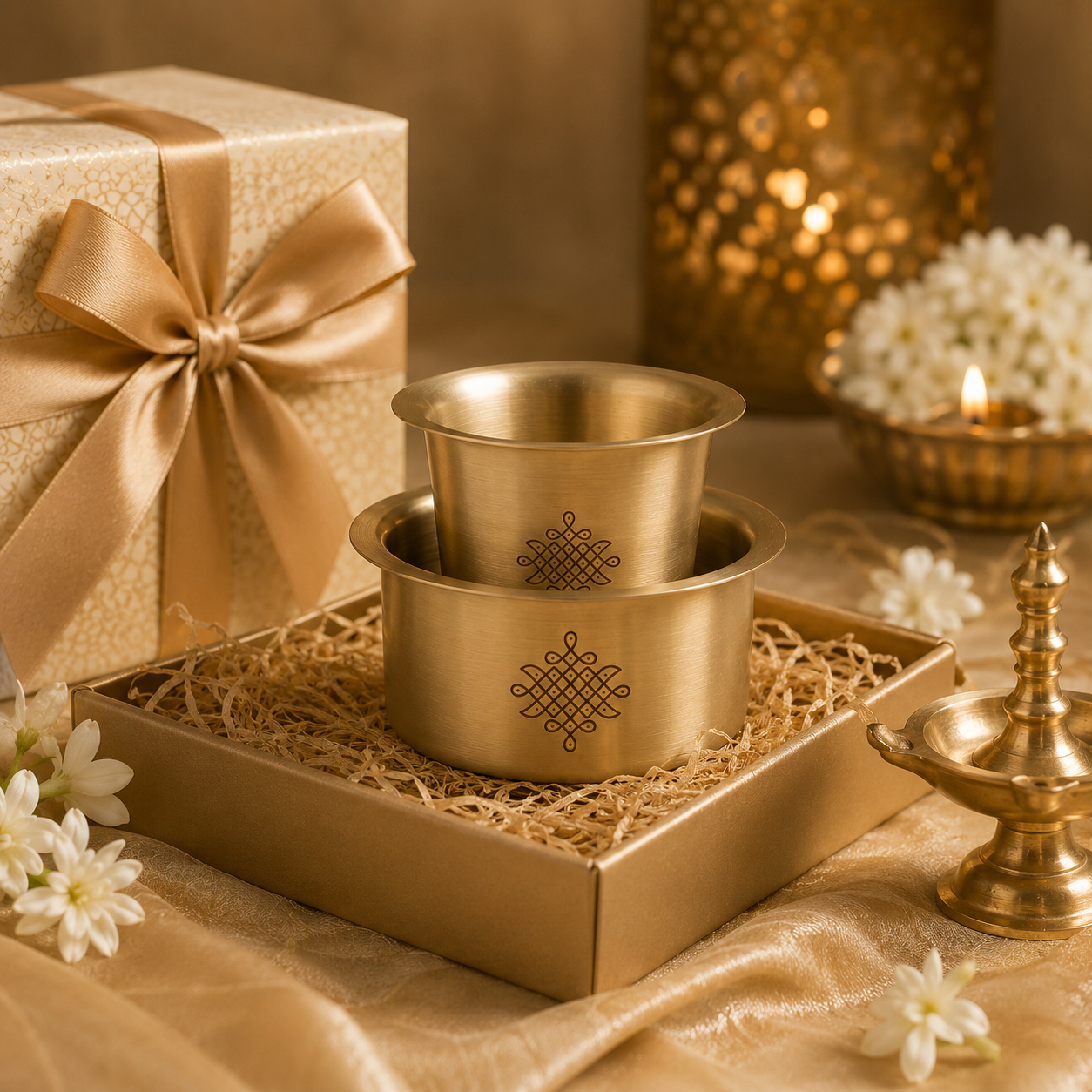 Traditional Brass Coffee Dabara Set with Kolam Design