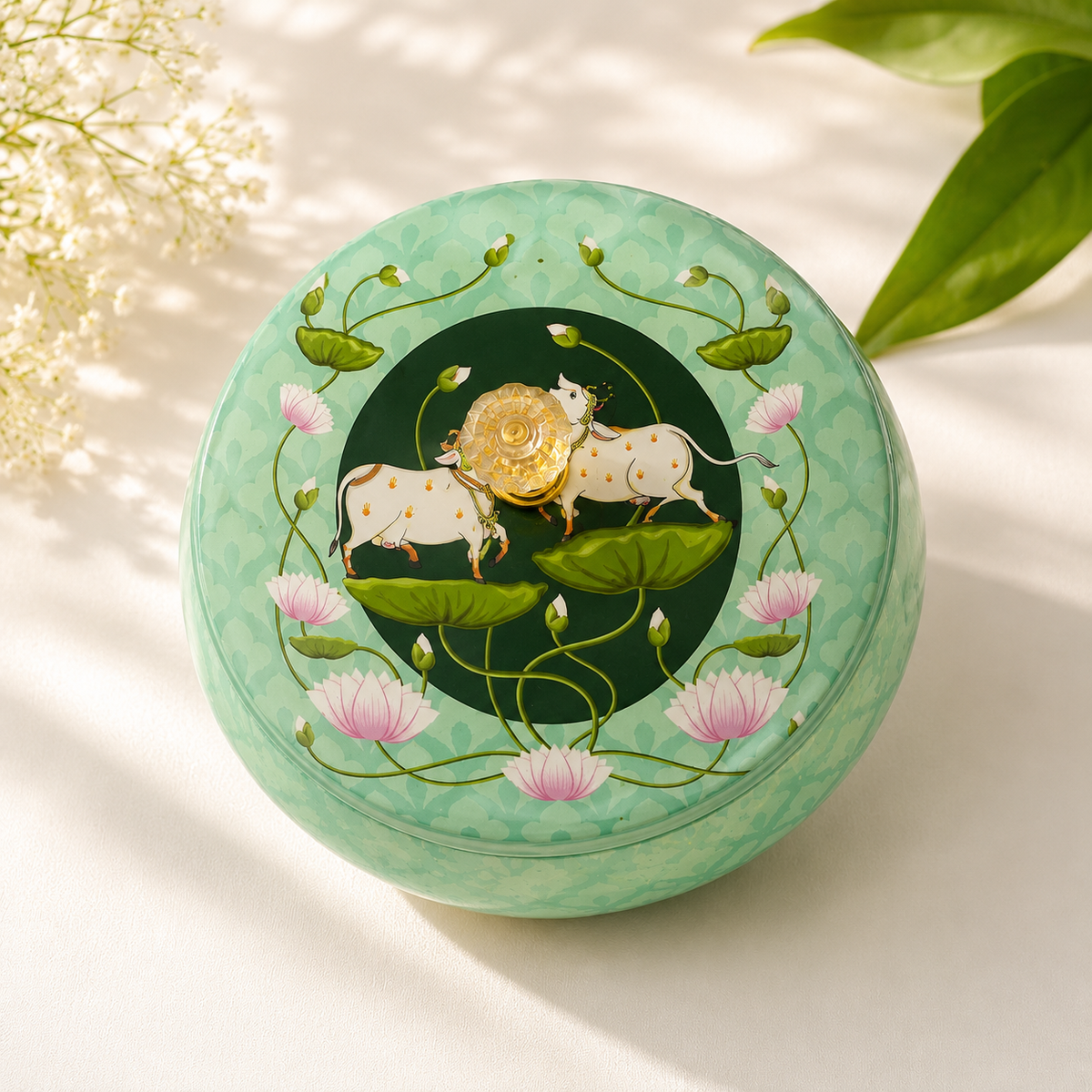 Pichwai Tin Box – Premium Gift Box | Green, Pink, Yellow & Blue(Assorted Colours)