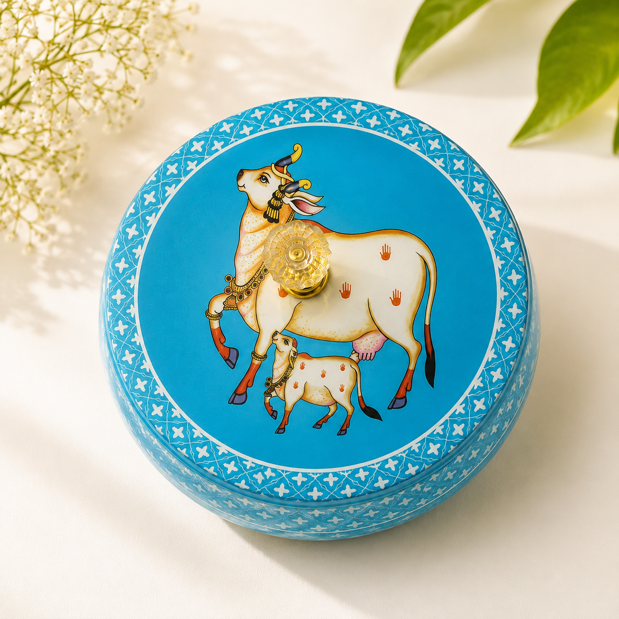 Pichwai Tin Box – Premium Gift Box | Green, Pink, Yellow & Blue(Assorted Colours)
