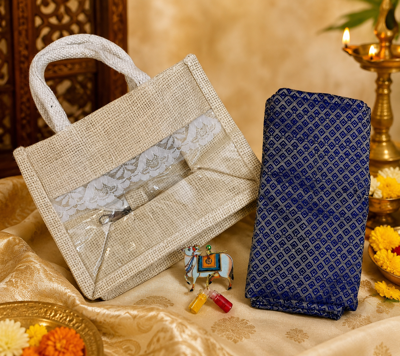Haldi Kumkum Return Gift Combo with Jute Bag & Blouse Piece