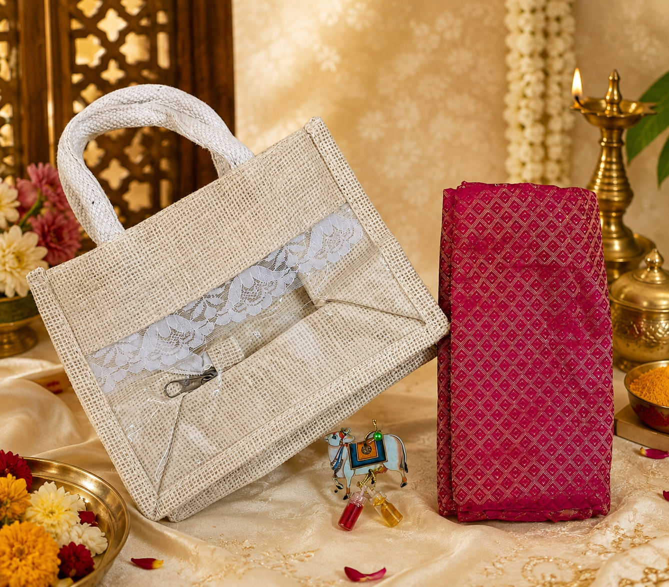 Haldi Kumkum Return Gift Combo with Jute Bag & Blouse Piece