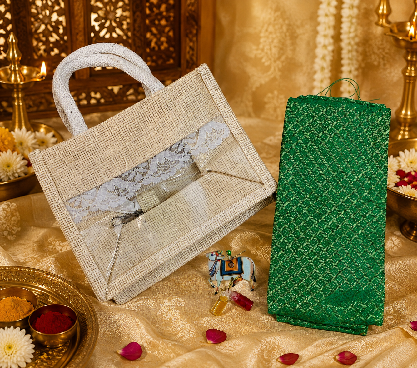 Haldi Kumkum Return Gift Combo with Jute Bag & Blouse Piece