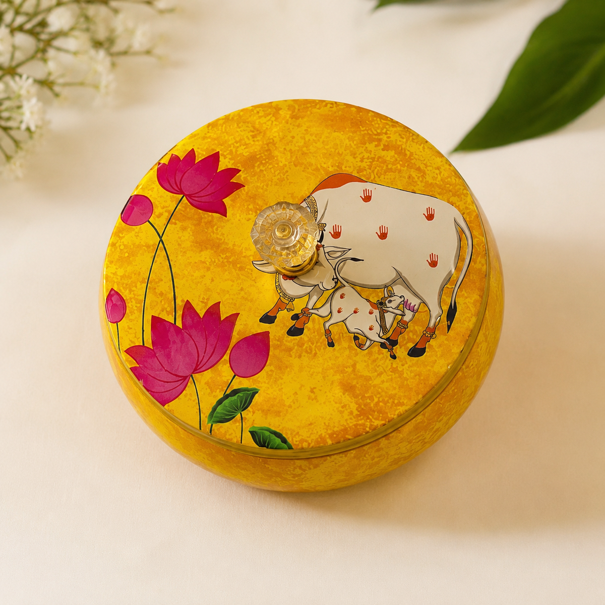 Pichwai Tin Box – Premium Gift Box | Green, Pink, Yellow & Blue(Assorted Colours)
