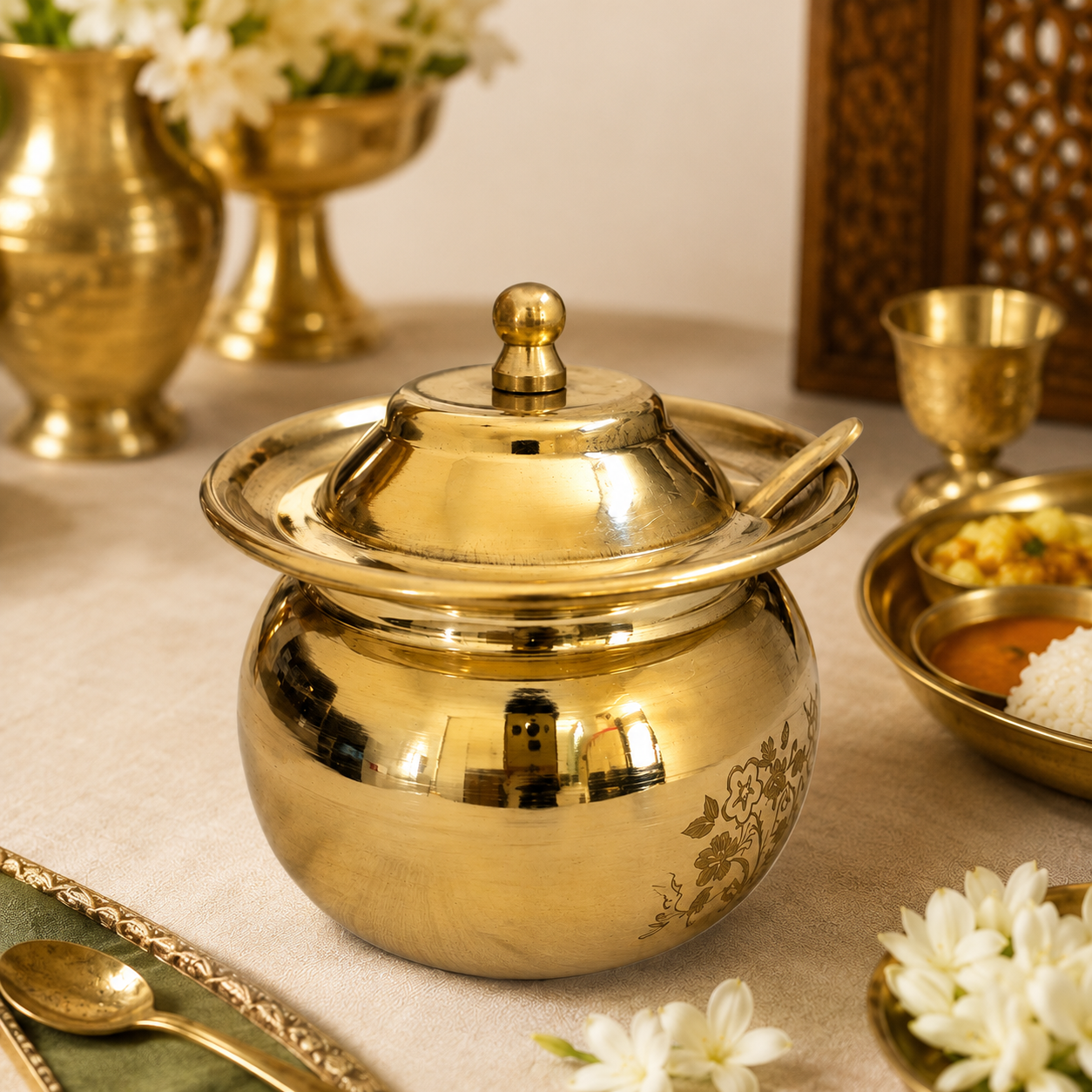 Brass Ghee Pot with Spoon | Premium Brass Tableware – Kria Arts
