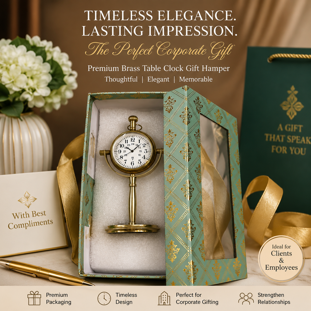 Brass vintage table clock with hamper box