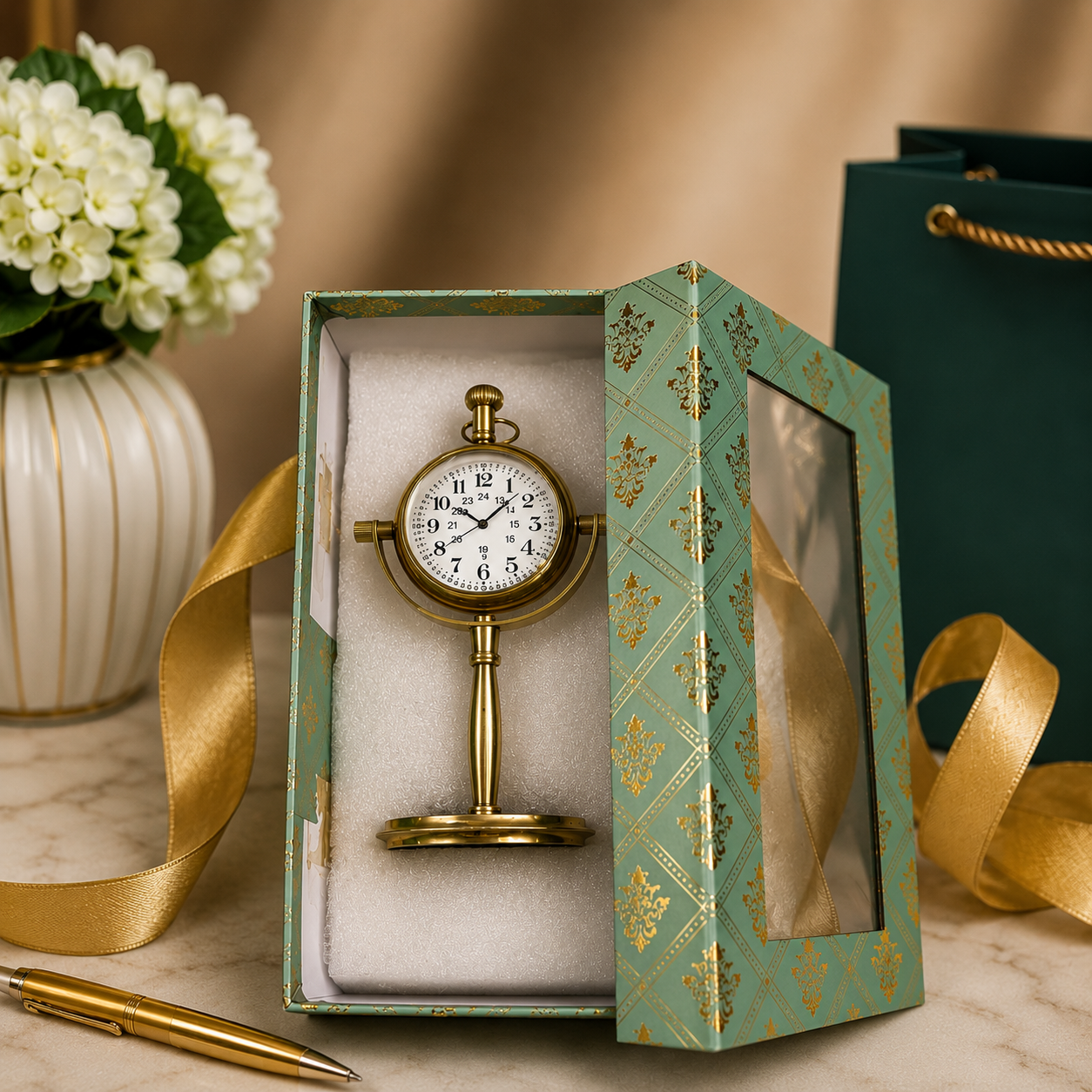 Brass vintage table clock with hamper box