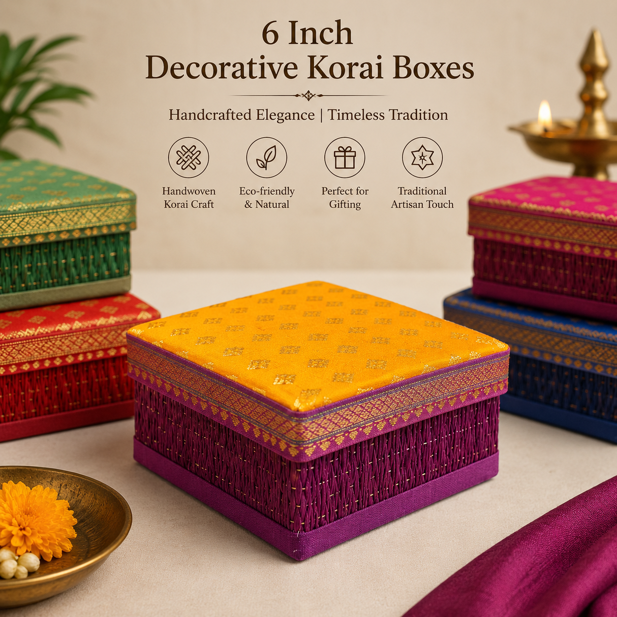 6 Inch Decorative Korai Box for Return Gifts | Handmade Traditional Storage & Gift Box