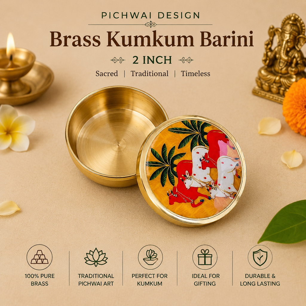 Pure Brass Pichwai Design Kumkum Barini – Traditional Haldi Kumkum Container for Return Gifts & Pooja