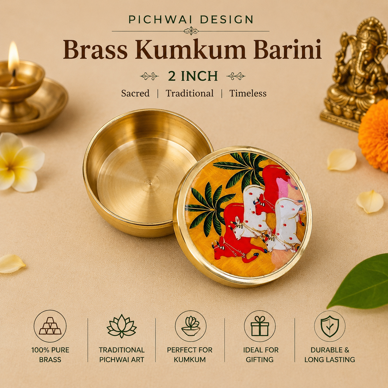 Pure Brass Pichwai Design Kumkum Barini – Traditional Haldi Kumkum Container for Return Gifts & Pooja