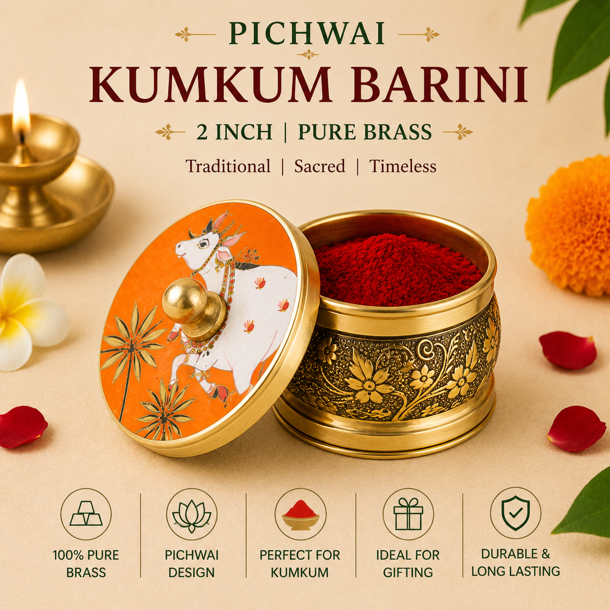 Traditional Pichwai kumkum barini brass containers in assorted Indian art designs for pooja and return gifting