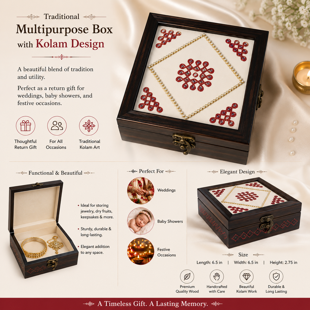 Decorative Wooden Shagun Box with Red Kolam Design – 6 Inch