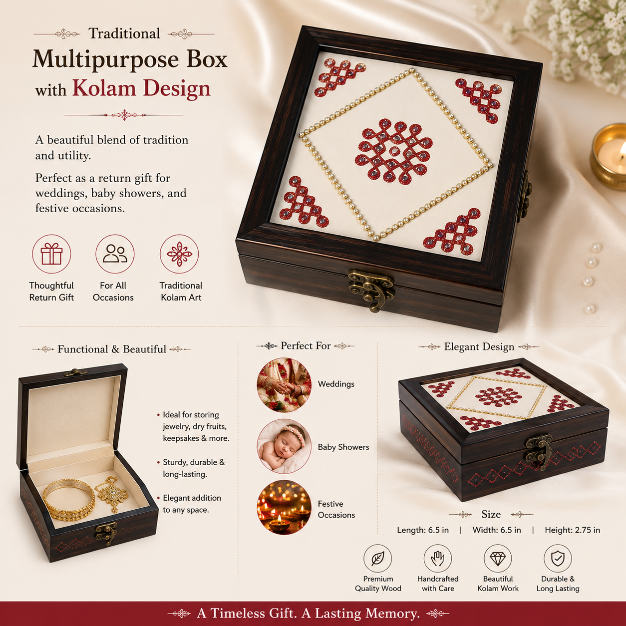 Decorative Wooden Shagun Box with Red Kolam Design – 6 Inch