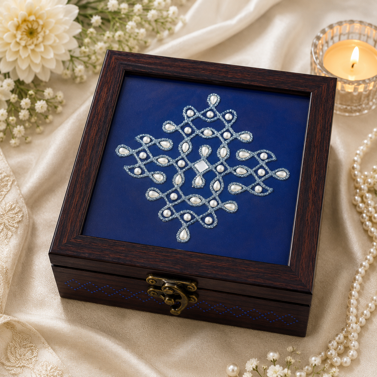 Decorative Wooden Box in Blue Kolam Design – 6 Inch Traditional Return Gift & Shagun Box