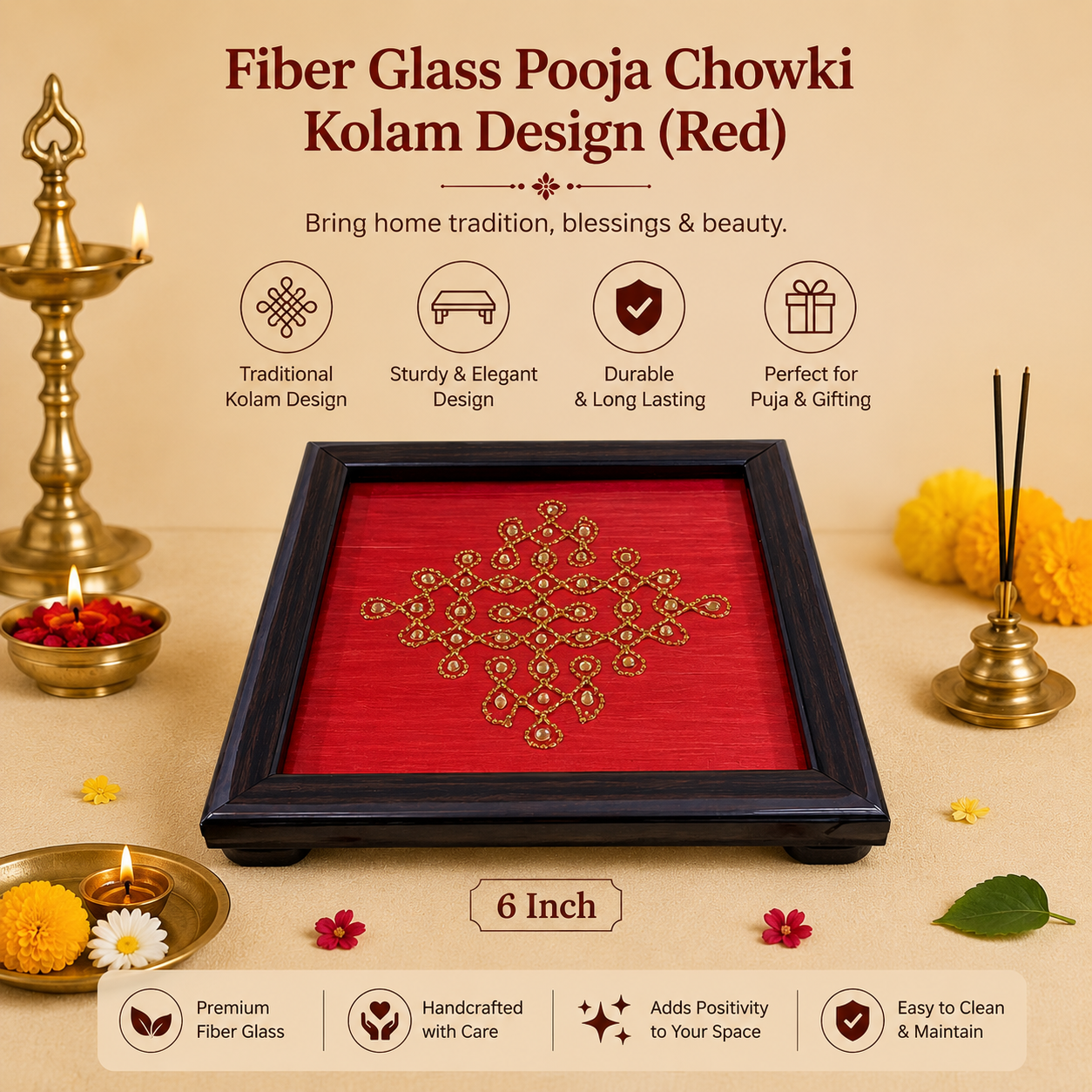 Fiber Glass Pooja Chowki Kolam Design Red – 6 Inch Traditional Return Gift Chowki