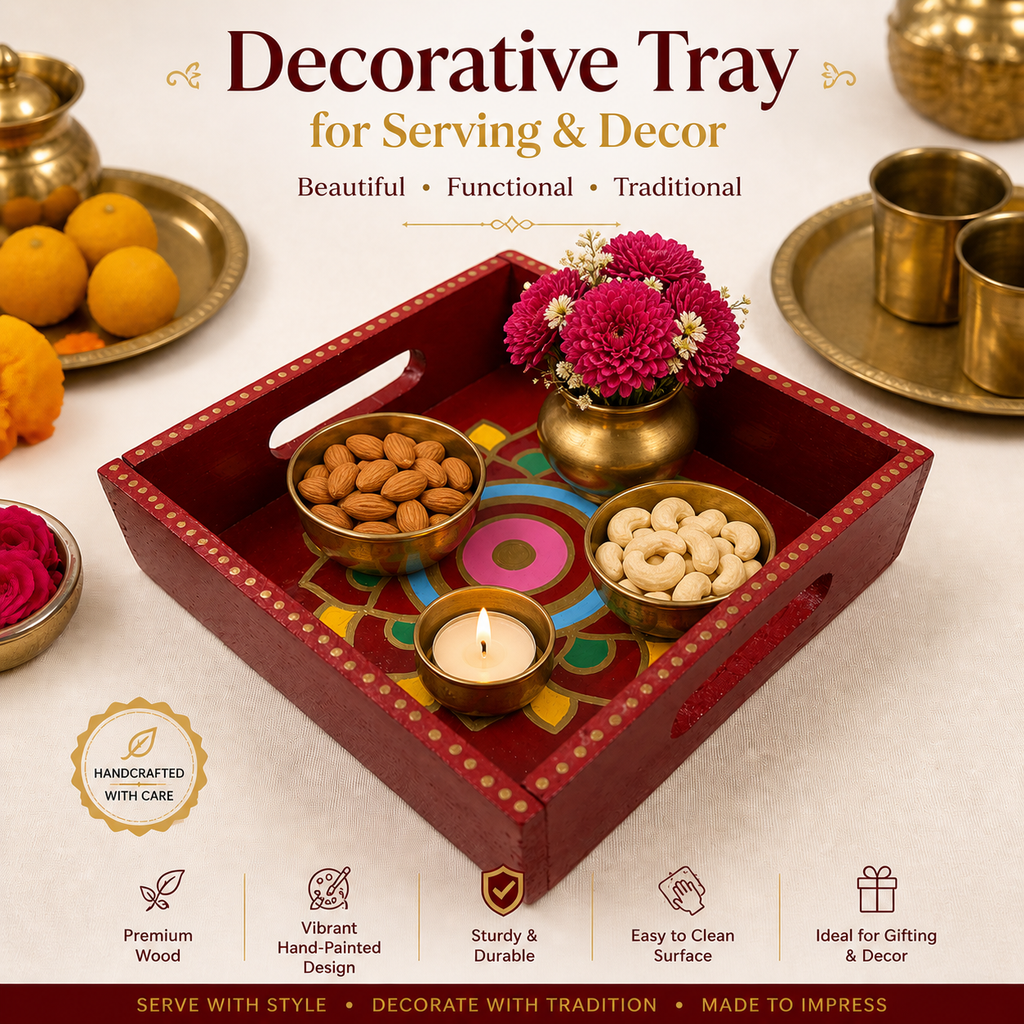 Handcrafted Wooden Decorative Red Tray (8x8 Inch)