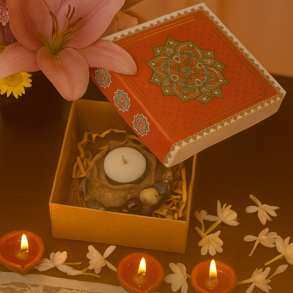 Diwali Gift Box with tlight Candle Holder Made with pellets Ideal for Garden Decor - Corporate or Traditional Gifting