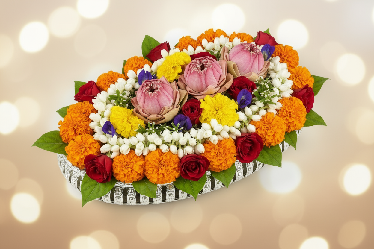 Elegant Silver Plated Oval Decorative Tray – Handcrafted Floral Design Serving & Pooja Thali for Home Décor & Festive Use