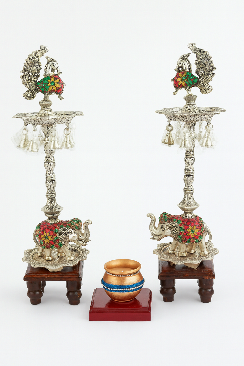 Handcrafted German Silver Peacock & Elephant Design Diya Pair with Hanging Bells | Decorative Pooja Oil Lamps for Diwali, Wedding, Gifting & Home Temple