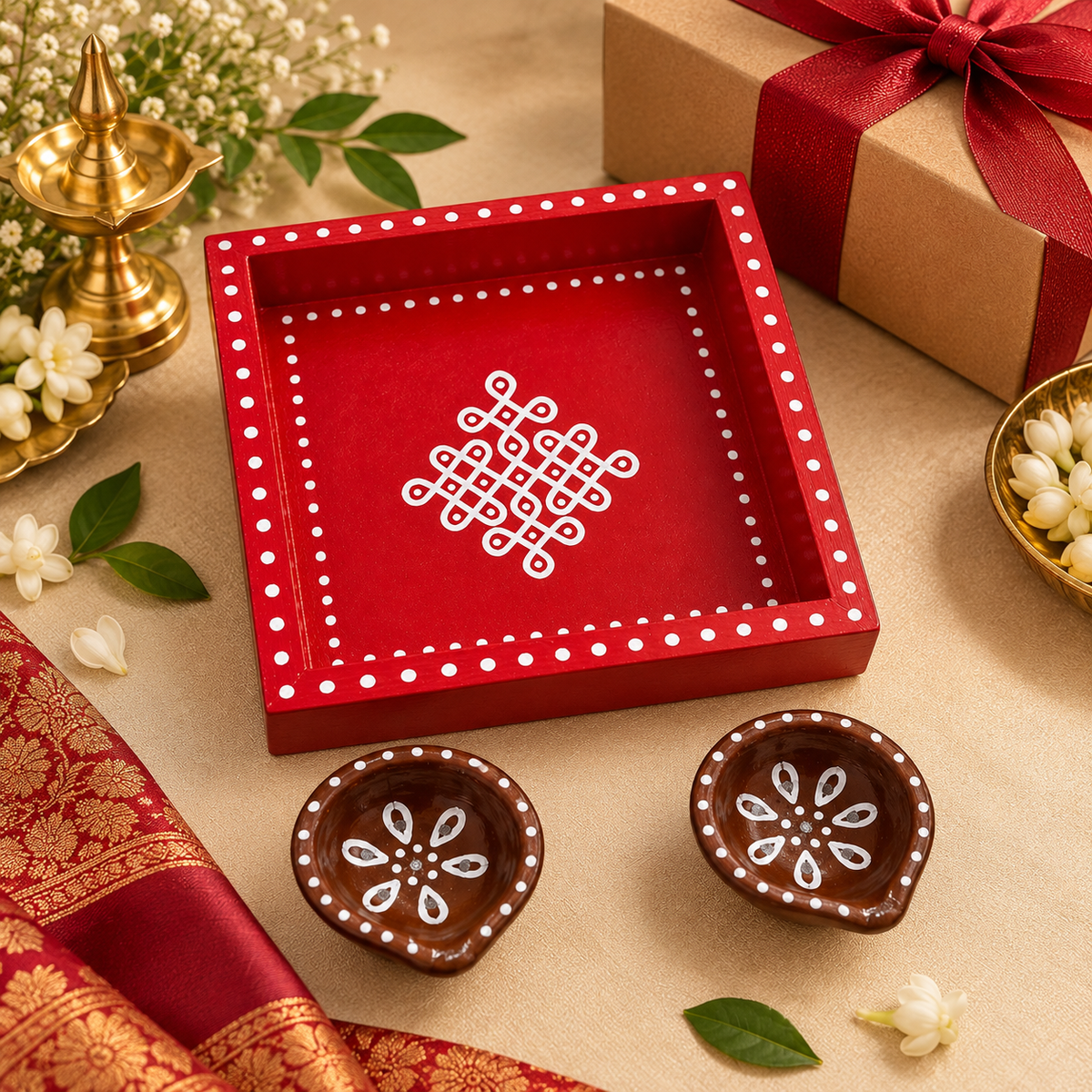 Red 6x6 pine wood kolam tray with pair of brown colour diyas
