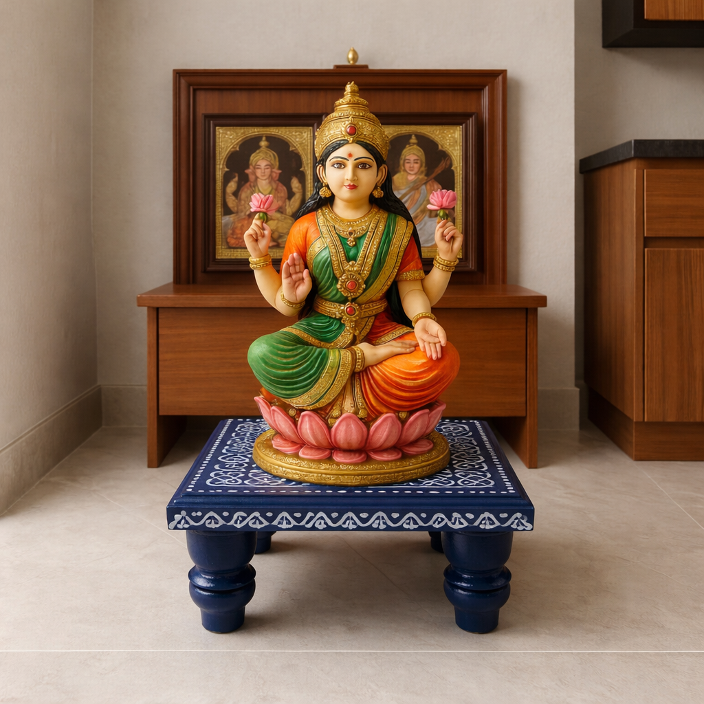 Traditional Wooden Kolam Pooja Stool – Handcrafted | Perfect for Home Temple & Festivals
