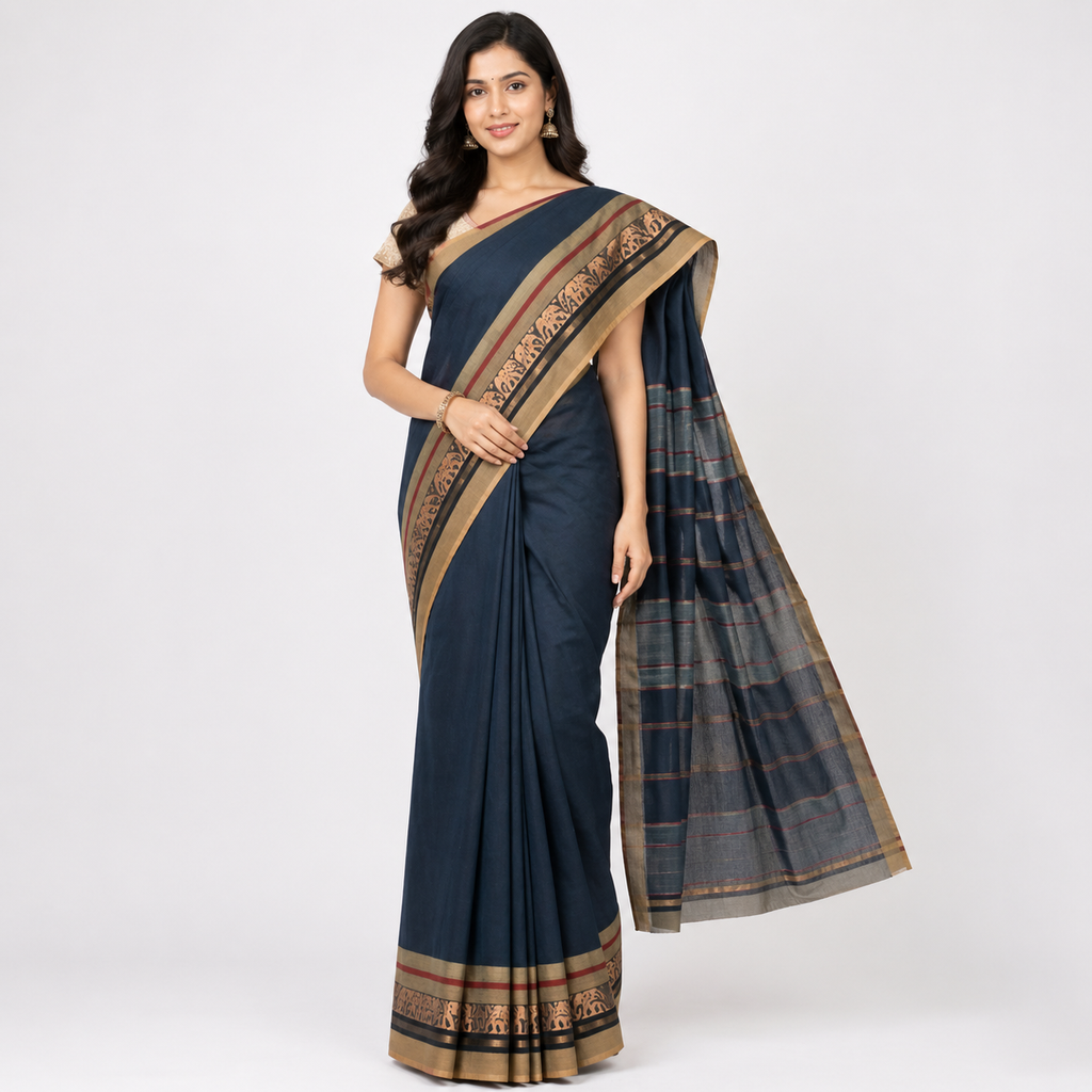 Chettinad handloom cotton saree navy blue zari border