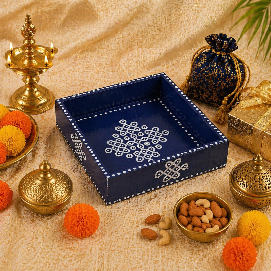 Handcrafted Wooden Tray with Kolam Design (6x6 Inch)