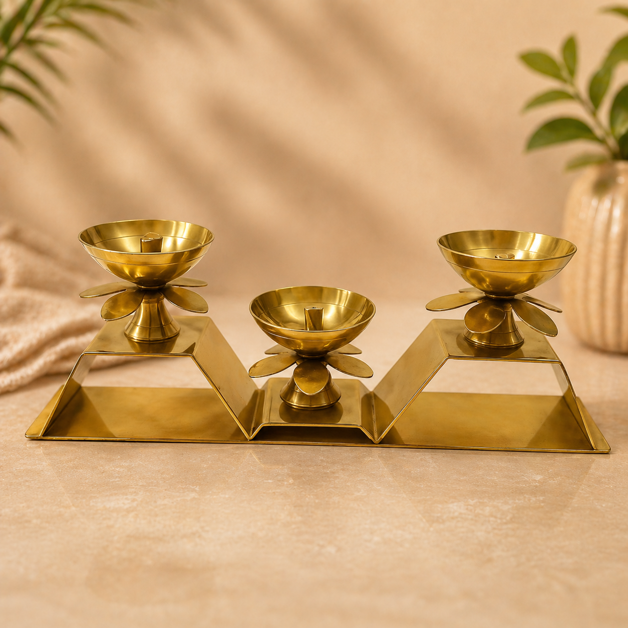 Brass Designer Diya – 3 Deepam Stand (200 g)