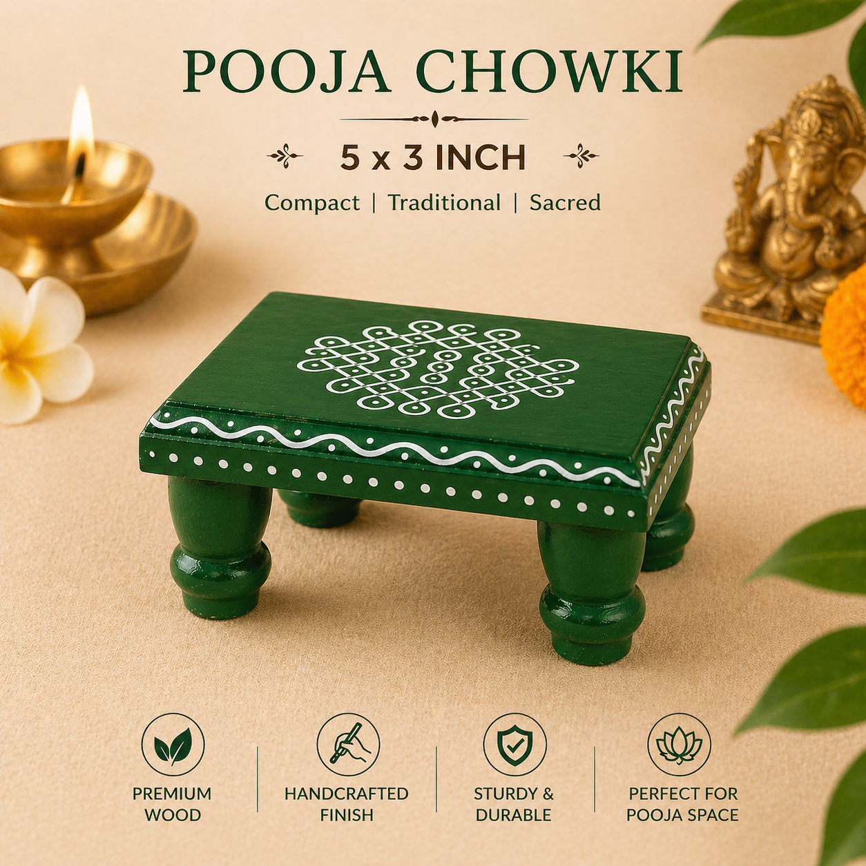 Traditional Wooden Kolam Pooja Stool – Handcrafted | Perfect for Home Temple & Festivals
