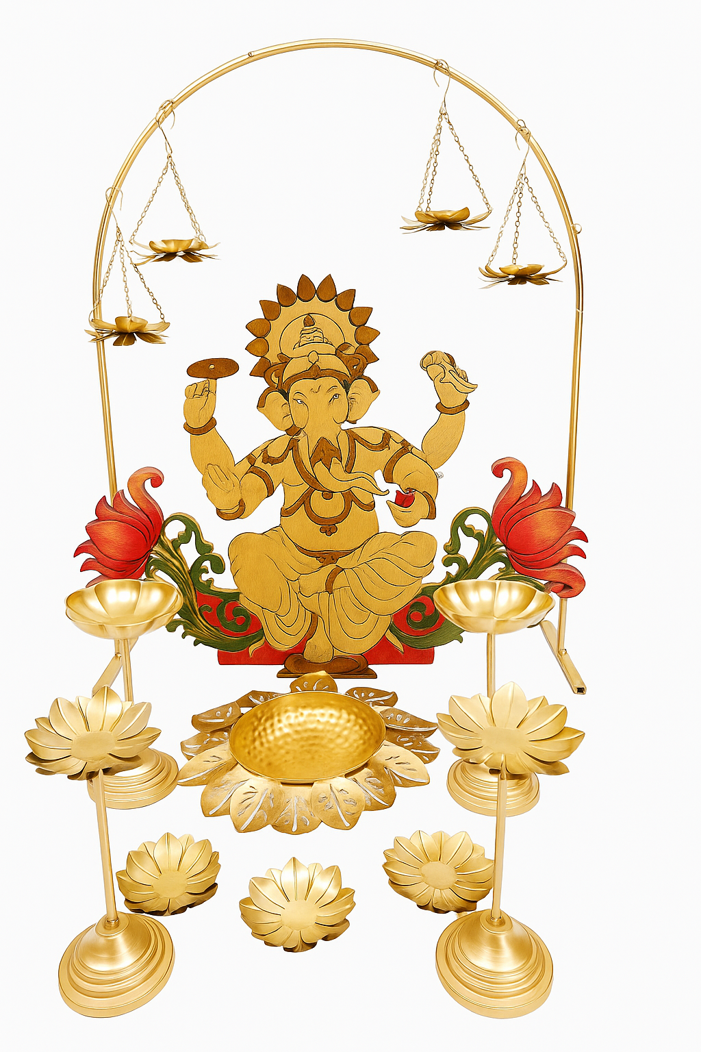 Decorative statue of a deity with floral elements on a white background