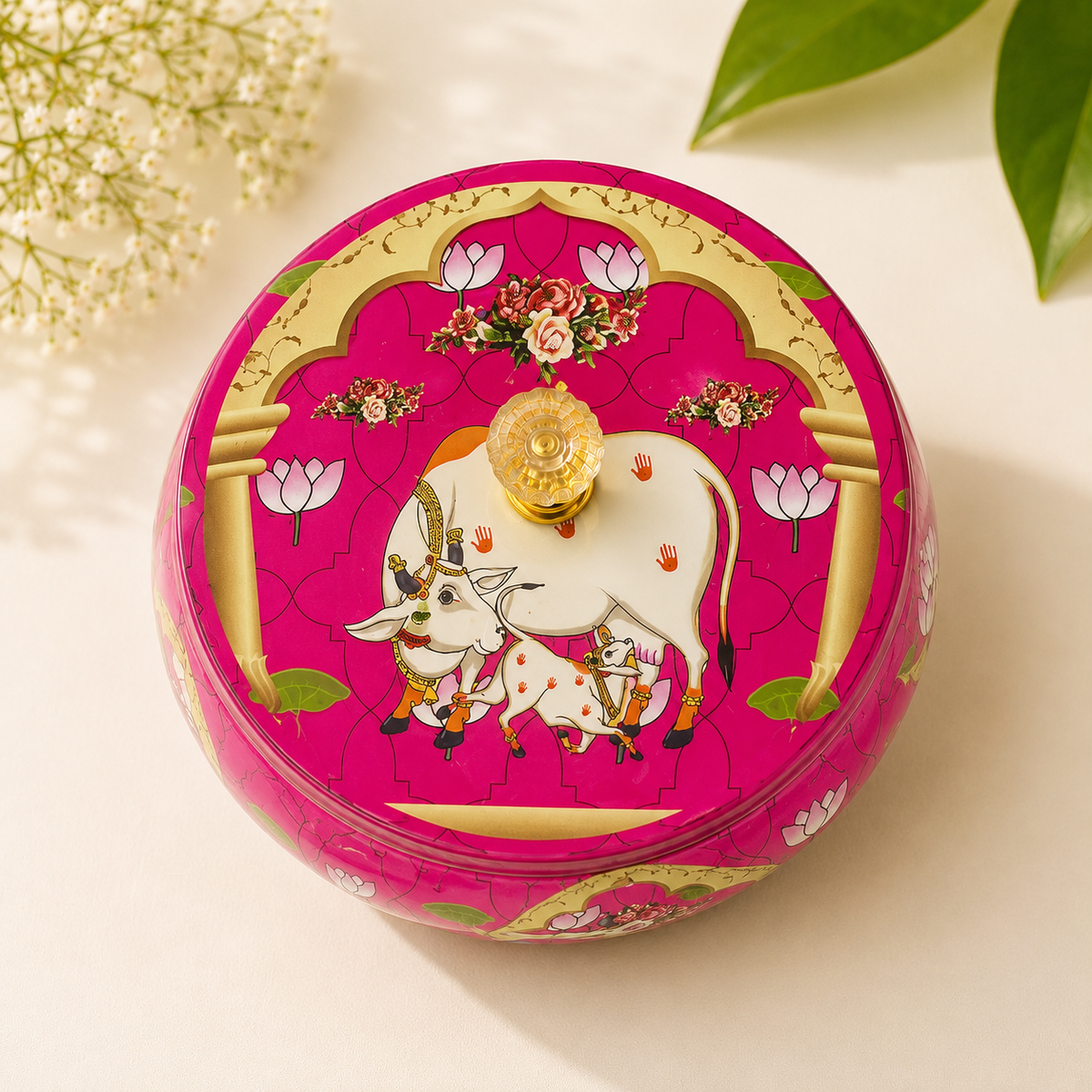 Pichwai Tin Box – Premium Gift Box | Green, Pink, Yellow & Blue(Assorted Colours)