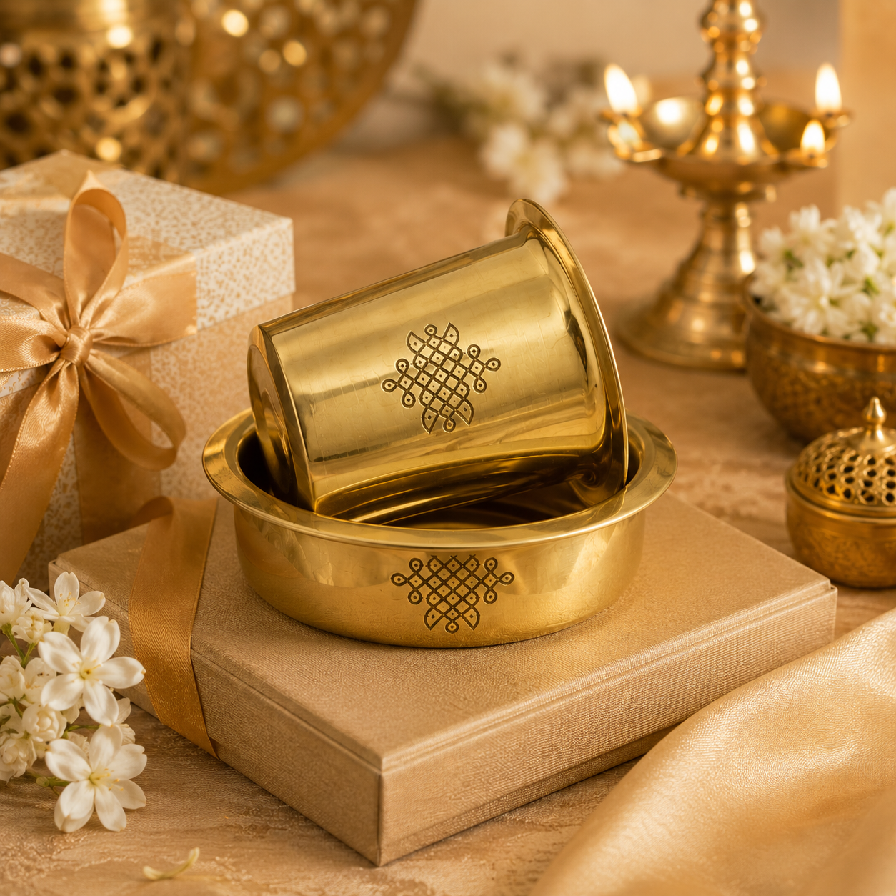 Traditional Brass Coffee Dabara Set with Kolam Design