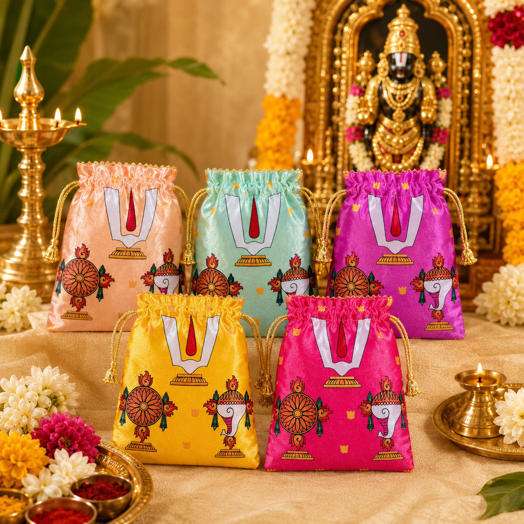 Shanku Chakra Namam Print Satin Potli Bags