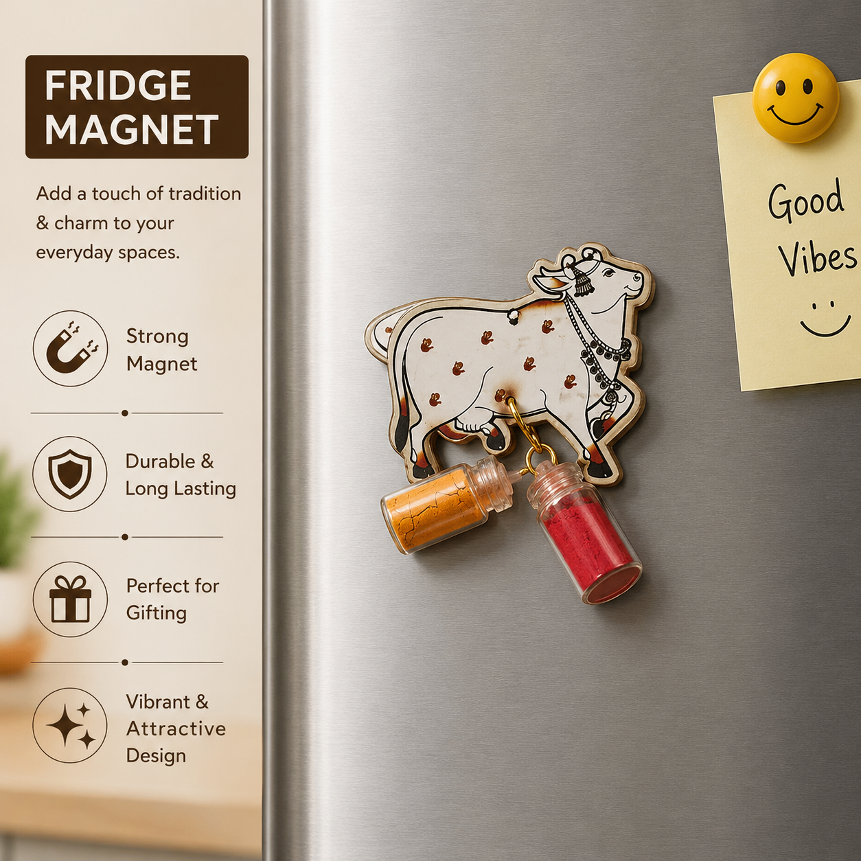 Cow Design Haldi Kumkum Fridge Magnet